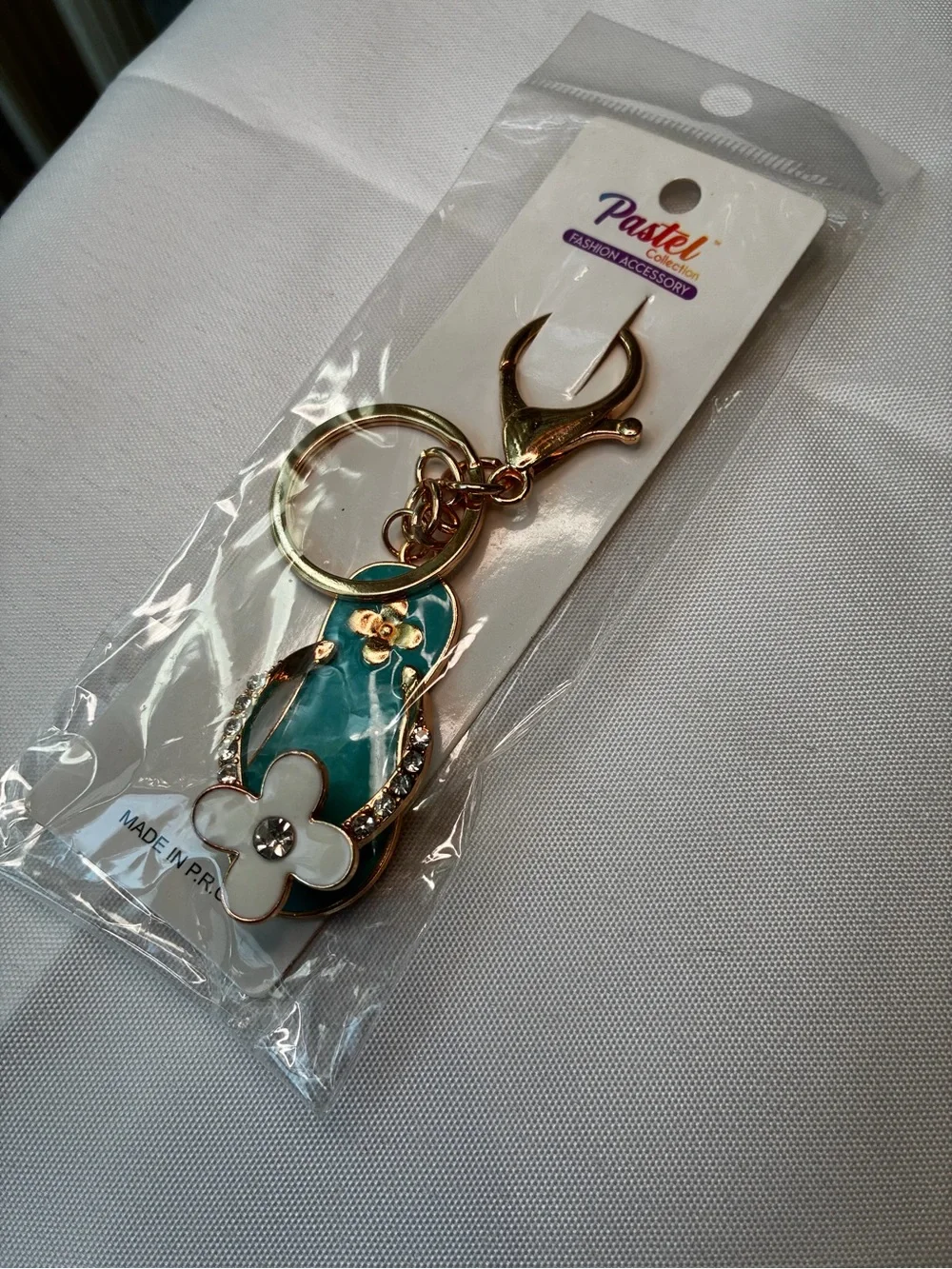 Pastel Collection Teal Flip Flop Rhinestone Flower Keychain Bag Charm NWT
